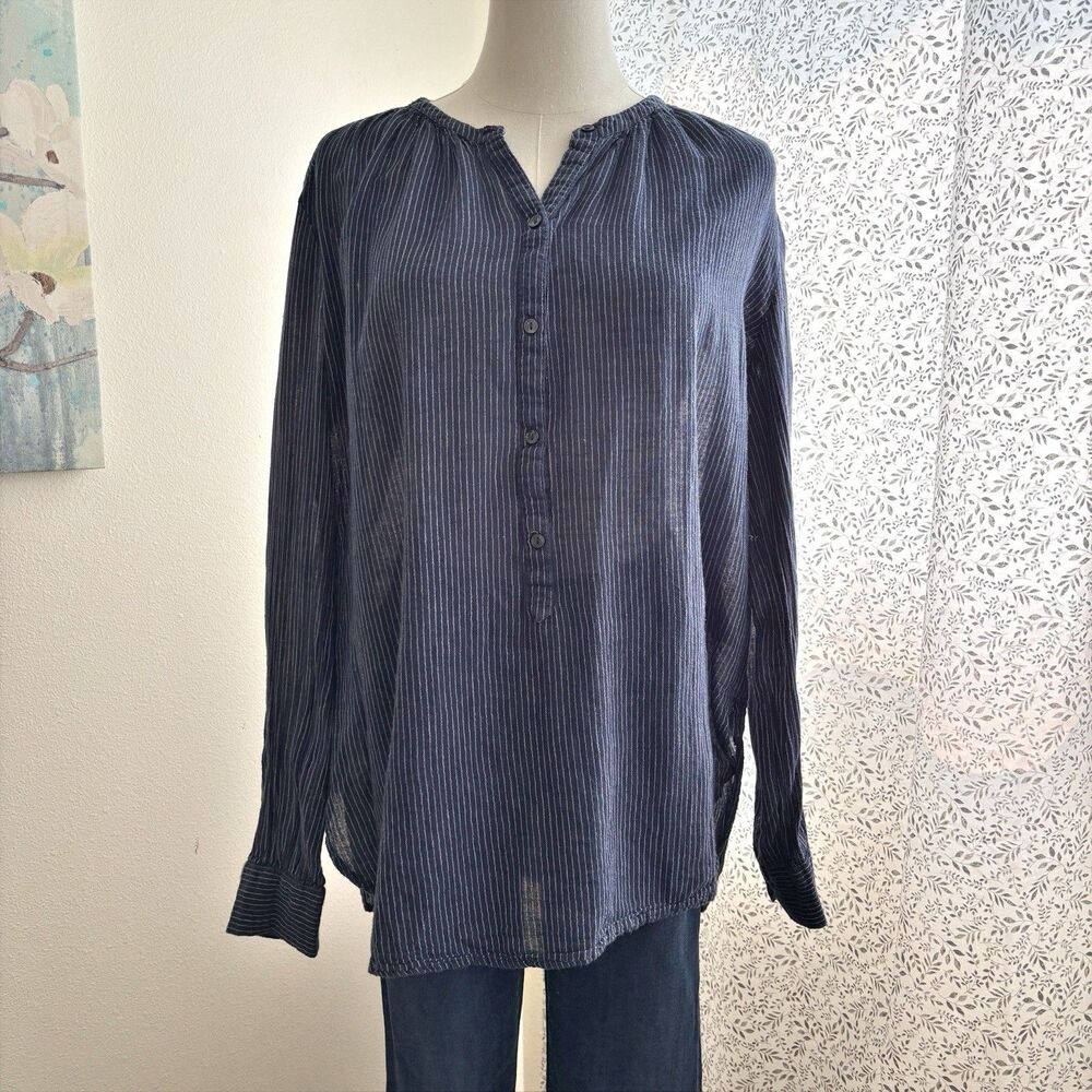 Old Navy Tunic Blouse Womens L Navy White Stripe 100% Cotton Button Front